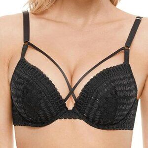 Deyllo Padded Push Up Bra Size 38DD Black Leopard Print Lace Strappy Bra